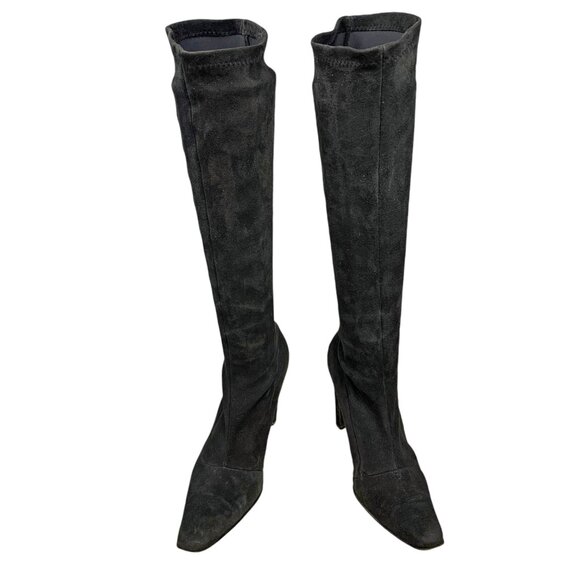 Bergdorf Goodman Black Suede Stretch Pull On Heeled‎ Tall Boots - Picture 6 of 14